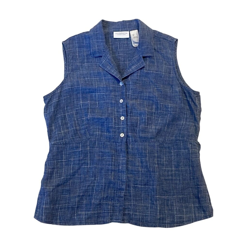 Vintage Liz Claiborne Large 100% Linen Sleeveless Collared weave Blouse Top Blue
